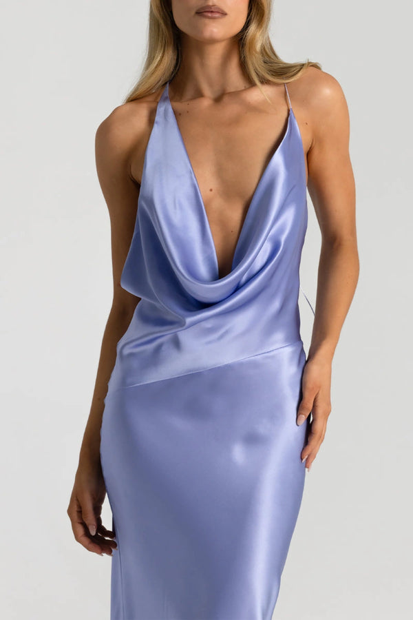 Gabi Gown in Bluebell by Natalie Rolt, handcrafted in Australia from 100% silk with a draped neckline, open back, and elegant asymmetric silhouette.