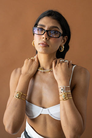Gabrielle Earrings Gold by Mountain and Moon – sculptural ridged gold hoop earrings with polished finish.