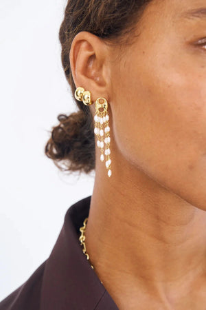 Gabrielle Earrings by Avant Studio, five cascading pearl strands on gold mariner studs. Elegant for events, bridal, or evening wear.