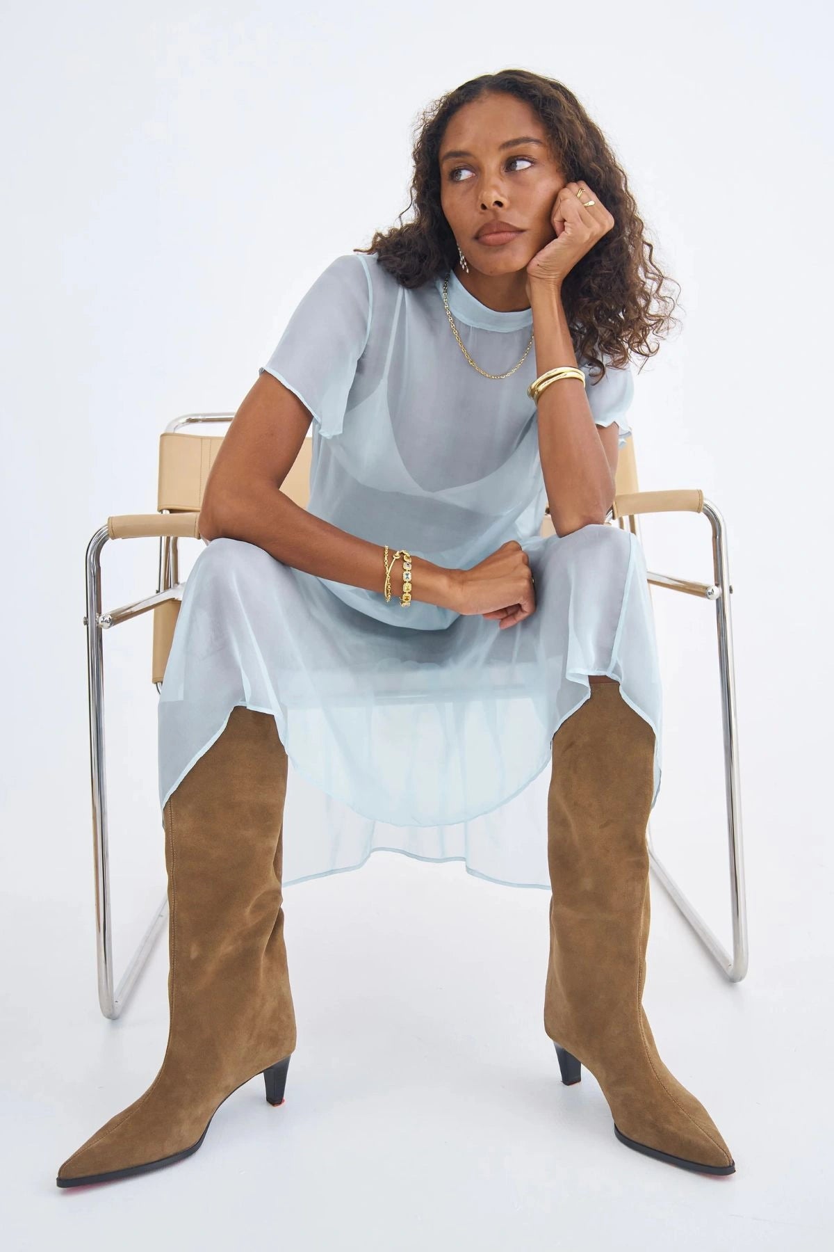 Gabrielle Earrings by Avant Studio, five cascading pearl strands on gold mariner studs. Elegant for events, bridal, or evening wear.