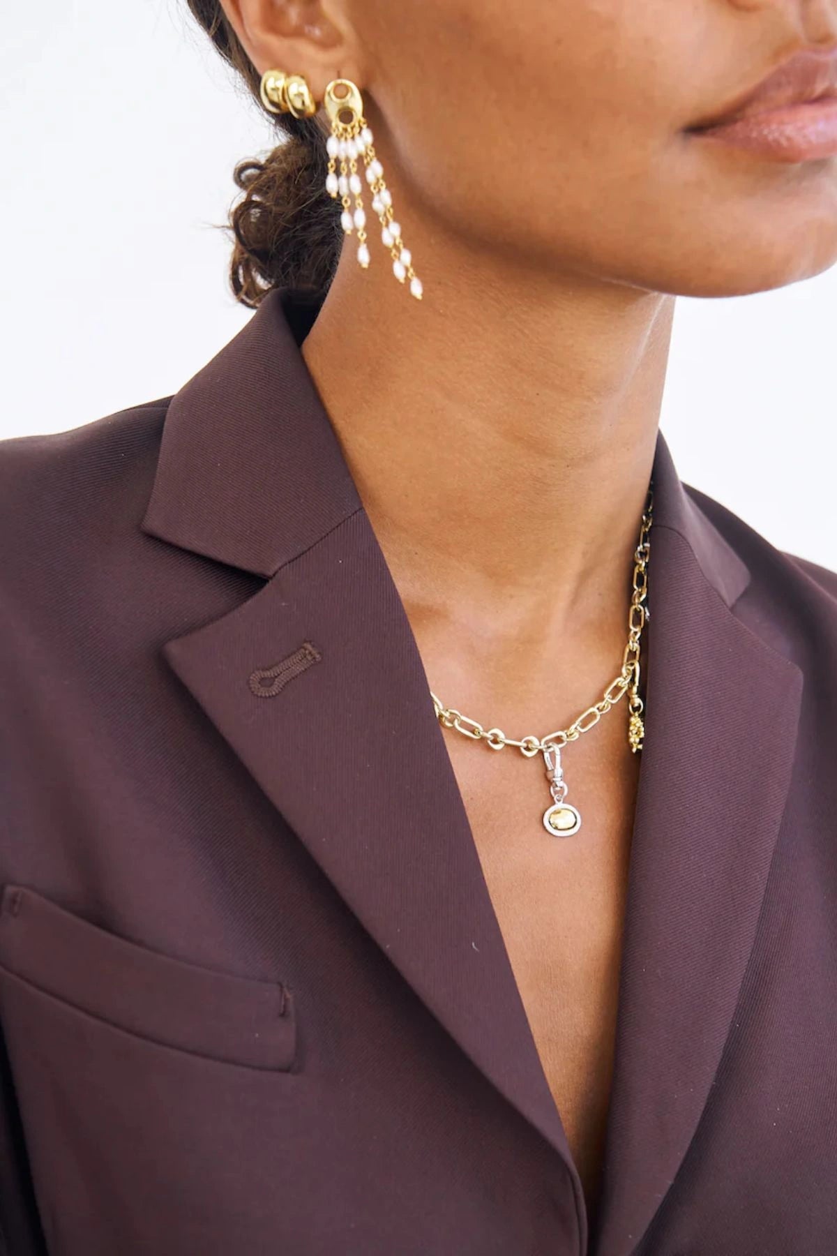 Gabrielle Earrings by Avant Studio, five cascading pearl strands on gold mariner studs. Elegant for events, bridal, or evening wear.