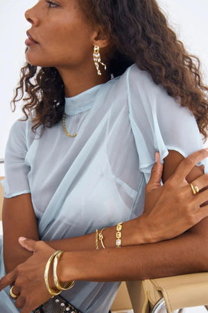 Gabrielle Earrings by Avant Studio, five cascading pearl strands on gold mariner studs. Elegant for events, bridal, or evening wear.