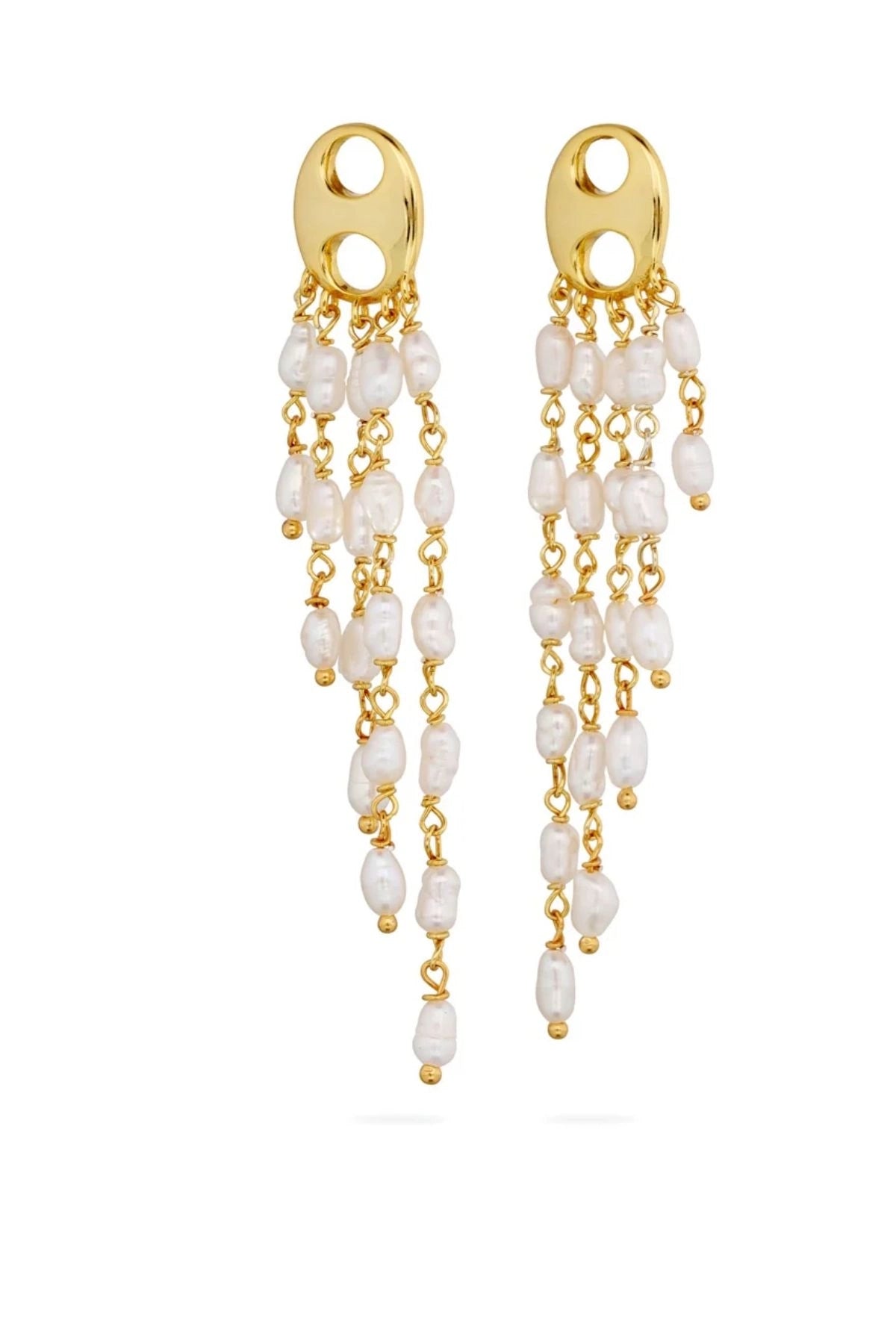 Gabrielle Earrings by Avant Studio, five cascading pearl strands on gold mariner studs. Elegant for events, bridal, or evening wear.