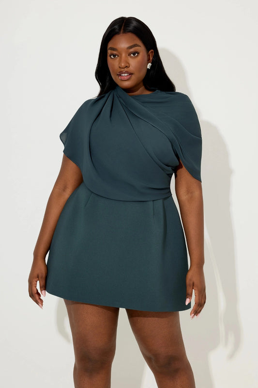 Gathered Mini Dress by Odd Muse, teal sculpted mini with mesh wrap and open back for a chic night-out moment. Elegant and refined.