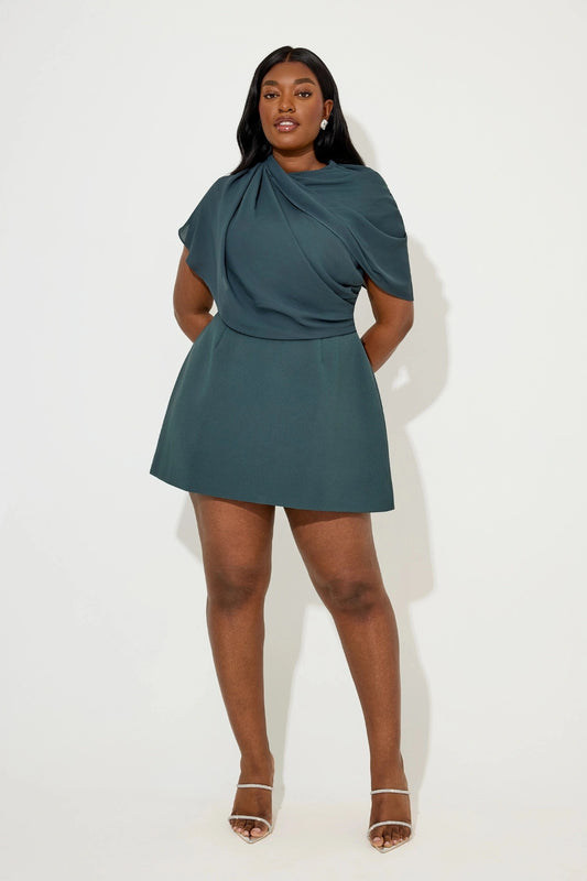 Gathered Mini Dress by Odd Muse, teal sculpted mini with mesh wrap and open back for a chic night-out moment. Elegant and refined.