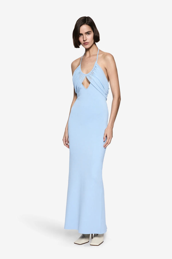 Gene Compact Knit Dress Pastel Blue by Misha – halter knit midi dress with crossover bodice and central cut out.