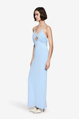Gene Compact Knit Dress Pastel Blue by Misha – halter knit midi dress with crossover bodice and central cut out.