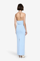 Gene Compact Knit Dress Pastel Blue by Misha – halter knit midi dress with crossover bodice and central cut out.