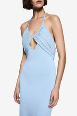 Gene Compact Knit Dress Pastel Blue by Misha – halter knit midi dress with crossover bodice and central cut out.