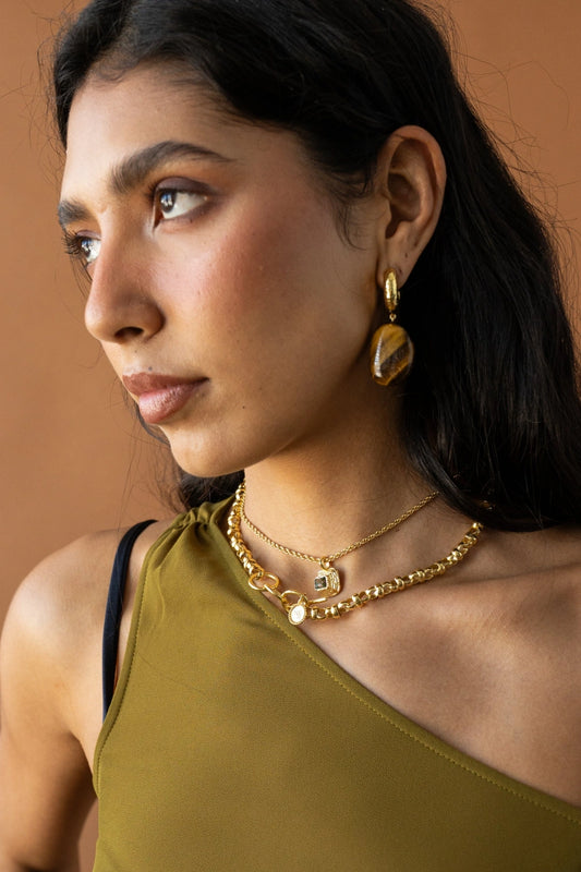 Georgia Earrings Gold by Mountain and Moon – hammered gold drop earrings with natural Tiger's Eye stone.