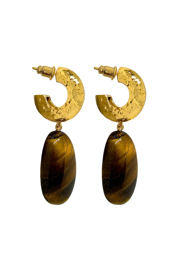 Georgia Earrings Gold by Mountain and Moon – hammered gold drop earrings with natural Tiger's Eye stone.