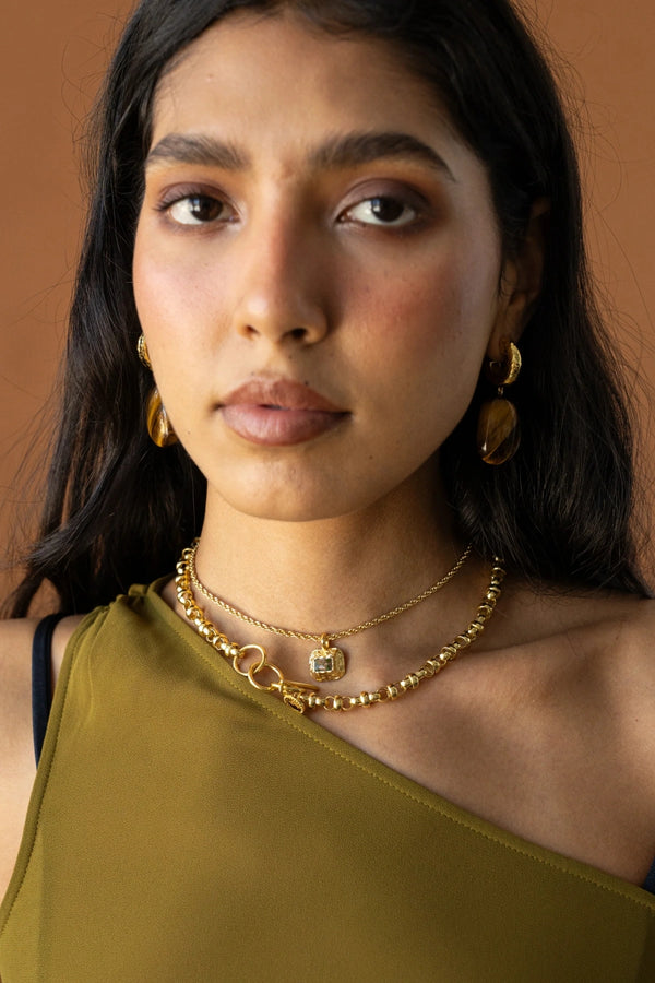 Georgia Earrings Gold by Mountain and Moon – hammered gold drop earrings with natural Tiger's Eye stone.