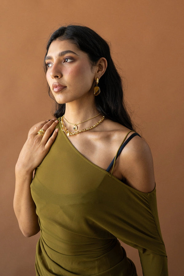 Georgia Earrings Gold by Mountain and Moon – hammered gold drop earrings with natural Tiger's Eye stone.