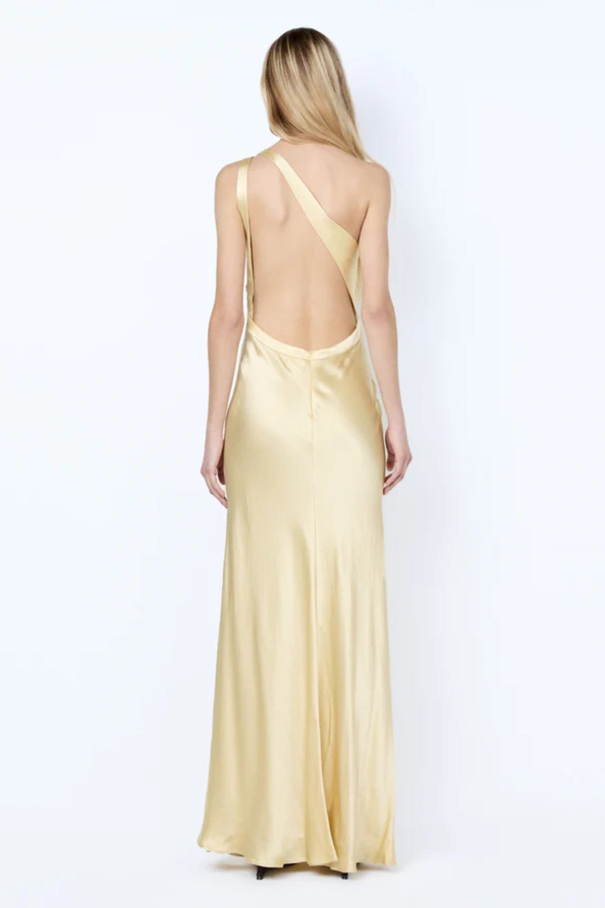 Gia Asym Maxi Dress by Bec + Bridge, a fluid viscose gown with asymmetric neckline and open back, perfect for elegant summer or evening wear.