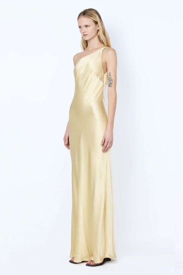 Gia Asym Maxi Dress by Bec + Bridge, a fluid viscose gown with asymmetric neckline and open back, perfect for elegant summer or evening wear.