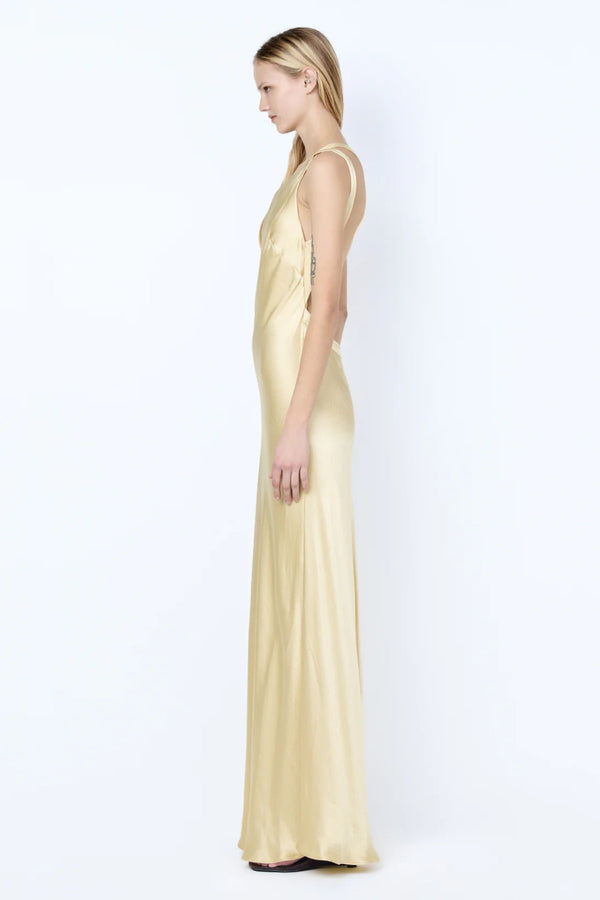 Gia Asym Maxi Dress by Bec + Bridge, a fluid viscose gown with asymmetric neckline and open back, perfect for elegant summer or evening wear.