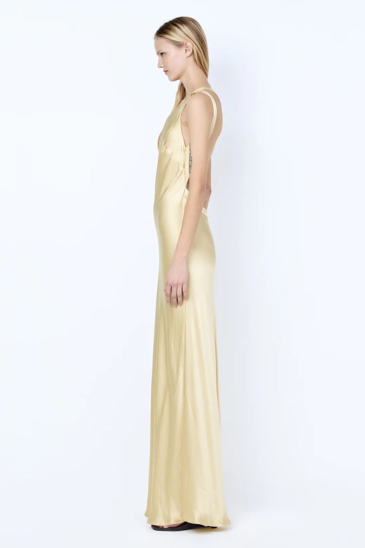 Gia Asym Maxi Dress by Bec + Bridge, a fluid viscose gown with asymmetric neckline and open back, perfect for elegant summer or evening wear.