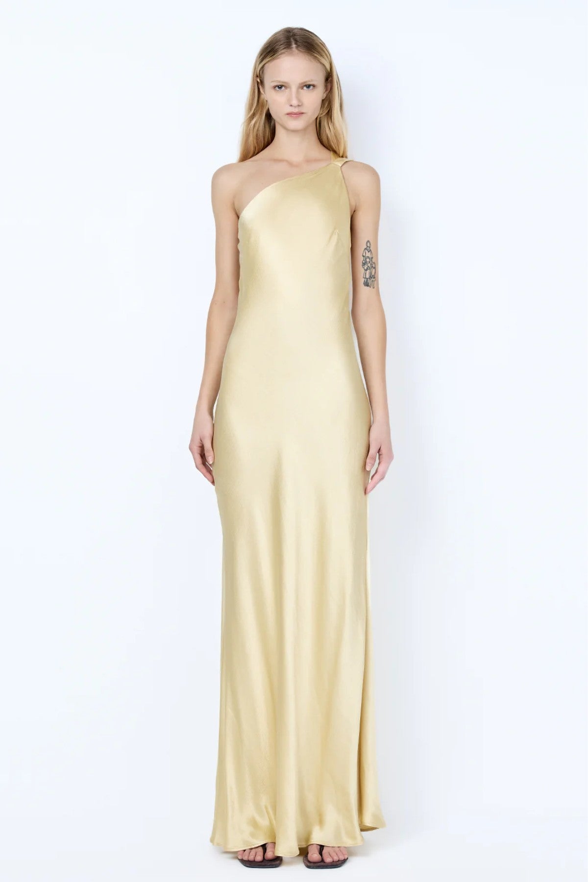 Gia Asym Maxi Dress by Bec + Bridge, a fluid viscose gown with asymmetric neckline and open back, perfect for elegant summer or evening wear.