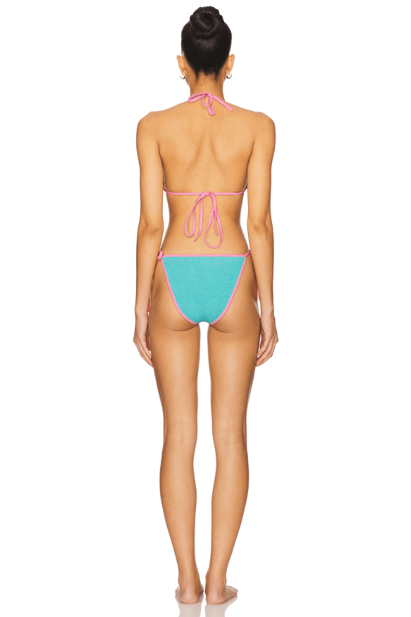 Gina Bikini Contrast Aqua Bubblegum by Hunza G, crinkle bikini with halter top and side ties. Perfect for beach days or fun swim looks.
