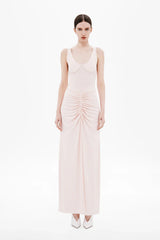 Gisele Jersey Maxi Dress Dusty Pink by MISHA – a fitted maxi with ruched waist and sculpted bust. Perfect for elegant styling.