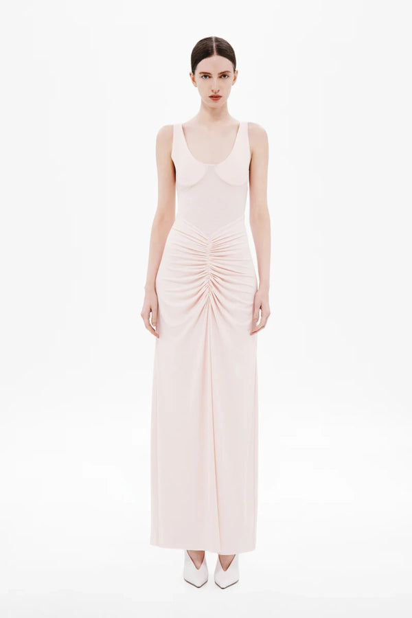 Gisele Jersey Maxi Dress Dusty Pink by MISHA – a fitted maxi with ruched waist and sculpted bust. Perfect for elegant styling.