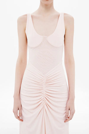 Gisele Jersey Maxi Dress Dusty Pink by MISHA – a fitted maxi with ruched waist and sculpted bust. Perfect for elegant styling.