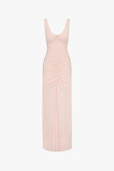 Gisele Jersey Maxi Dress Dusty Pink by MISHA – a fitted maxi with ruched waist and sculpted bust. Perfect for elegant styling.