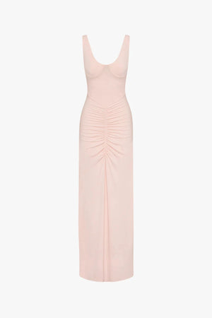 Gisele Jersey Maxi Dress Dusty Pink by MISHA – a fitted maxi with ruched waist and sculpted bust. Perfect for elegant styling.