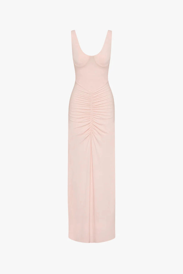 Gisele Jersey Maxi Dress Dusty Pink by MISHA – a fitted maxi with ruched waist and sculpted bust. Perfect for elegant styling.