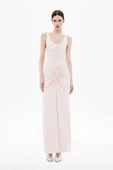 Gisele Jersey Maxi Dress Dusty Pink by MISHA – a fitted maxi with ruched waist and sculpted bust. Perfect for elegant styling.