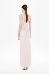 Gisele Jersey Maxi Dress Dusty Pink by MISHA – a fitted maxi with ruched waist and sculpted bust. Perfect for elegant styling.
