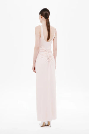 Gisele Jersey Maxi Dress Dusty Pink by MISHA – a fitted maxi with ruched waist and sculpted bust. Perfect for elegant styling.