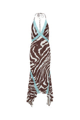 Giselle Maxi Dress Zebra by Sneaky Link – a halter maxi with lace bodice and frill hem. Perfect for bold summer styling.