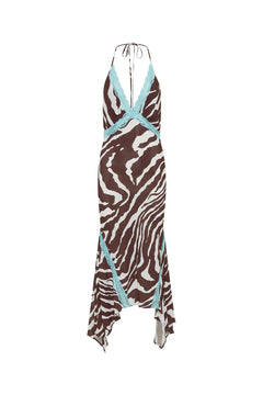 Giselle Maxi Dress Zebra by Sneaky Link – a halter maxi with lace bodice and frill hem. Perfect for bold summer styling.