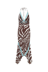 Giselle Maxi Dress Zebra by Sneaky Link – a halter maxi with lace bodice and frill hem. Perfect for bold summer styling.