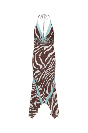Giselle Maxi Dress Zebra by Sneaky Link – a halter maxi with lace bodice and frill hem. Perfect for bold summer styling.