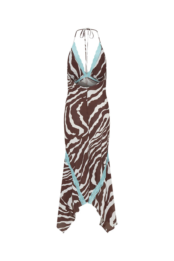 Giselle Maxi Dress Zebra by Sneaky Link – a halter maxi with lace bodice and frill hem. Perfect for bold summer styling.