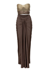 Giselle Maxi Dress by Baobab, a strapless gown with knot drape and front slit. Finished with a cascading hem and sculptural shape.