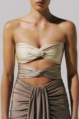 Giselle Maxi Dress by Baobab, a strapless gown with knot drape and front slit. Finished with a cascading hem and sculptural shape.