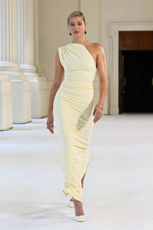 Greer Gown in Lemon by Effie Kats, a one-shoulder stretch crepe gown with elegant ruching, open back, and floor-length hem—modern and refined.