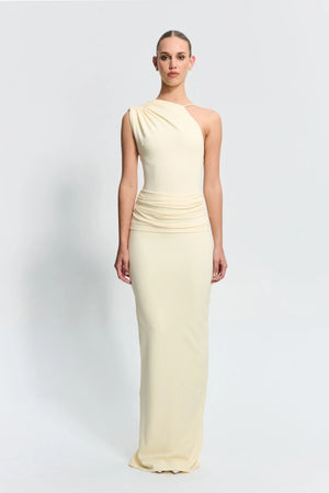Greer Gown in Lemon by Effie Kats, a one-shoulder stretch crepe gown with elegant ruching, open back, and floor-length hem—modern and refined.