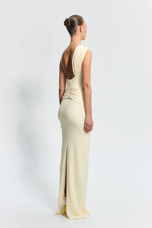 Greer Gown in Lemon by Effie Kats, a one-shoulder stretch crepe gown with elegant ruching, open back, and floor-length hem—modern and refined.