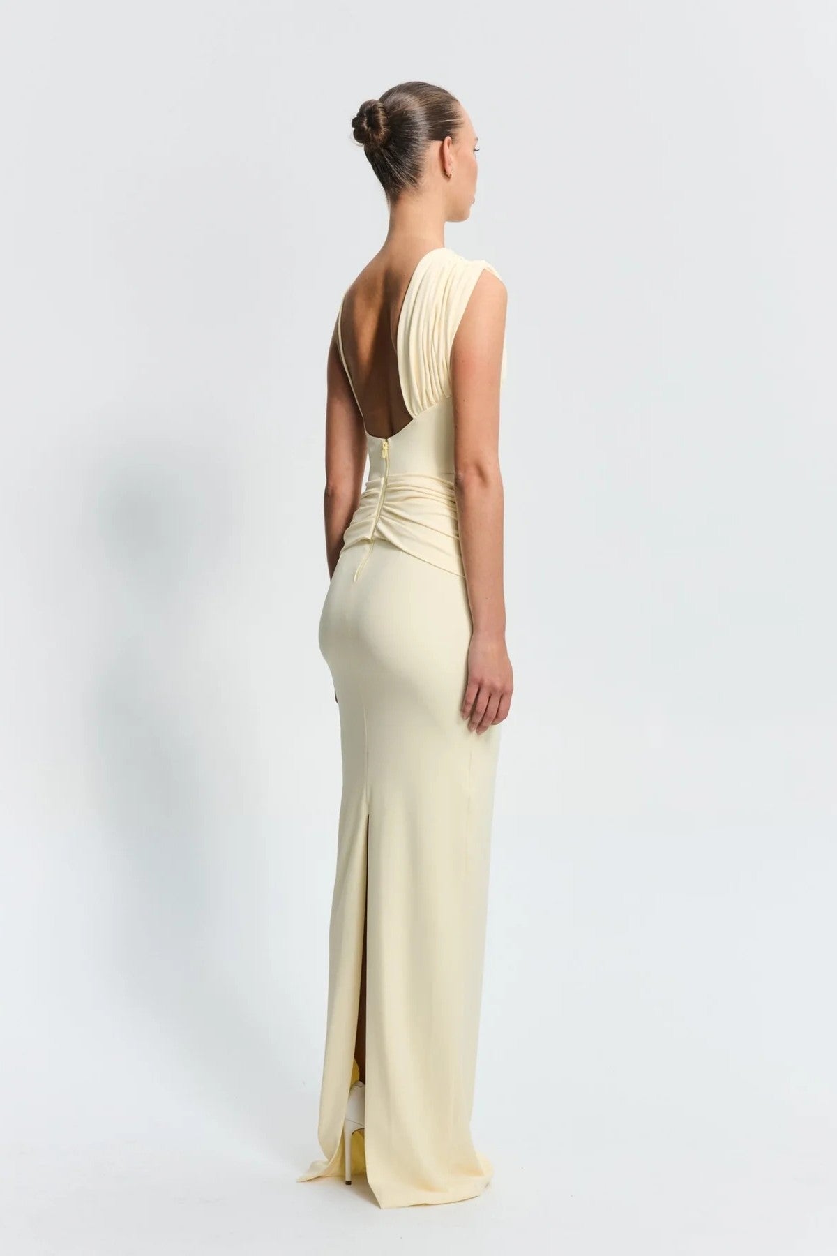 Greer Gown in Lemon by Effie Kats, a one-shoulder stretch crepe gown with elegant ruching, open back, and floor-length hem—modern and refined.