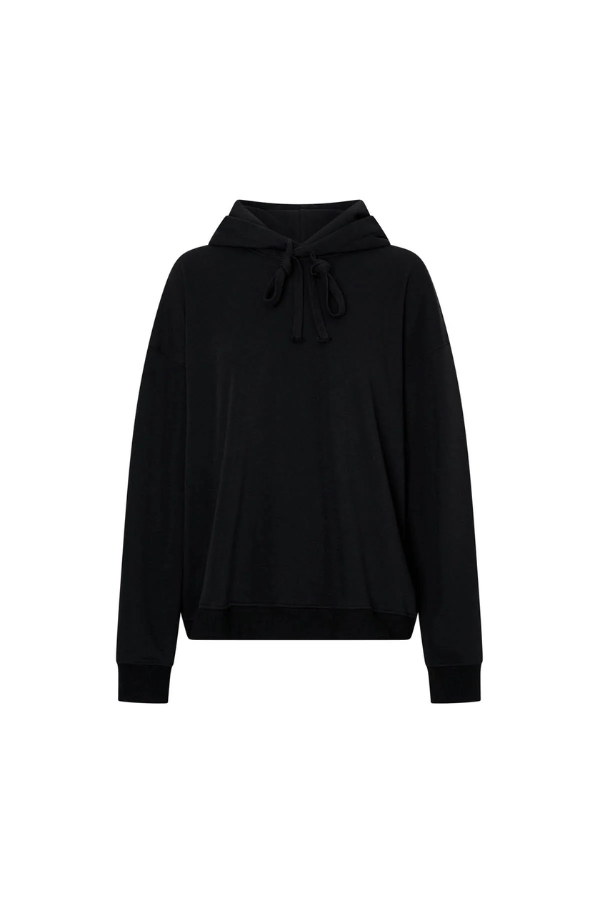 Grid Flocking Logo Hoodie Black by Camilla and Marc – Oversized fit with lined hood, flat drawcord, ribbed cuffs and hem, twin needle stitching, and subtle toothbrush flocked logo.