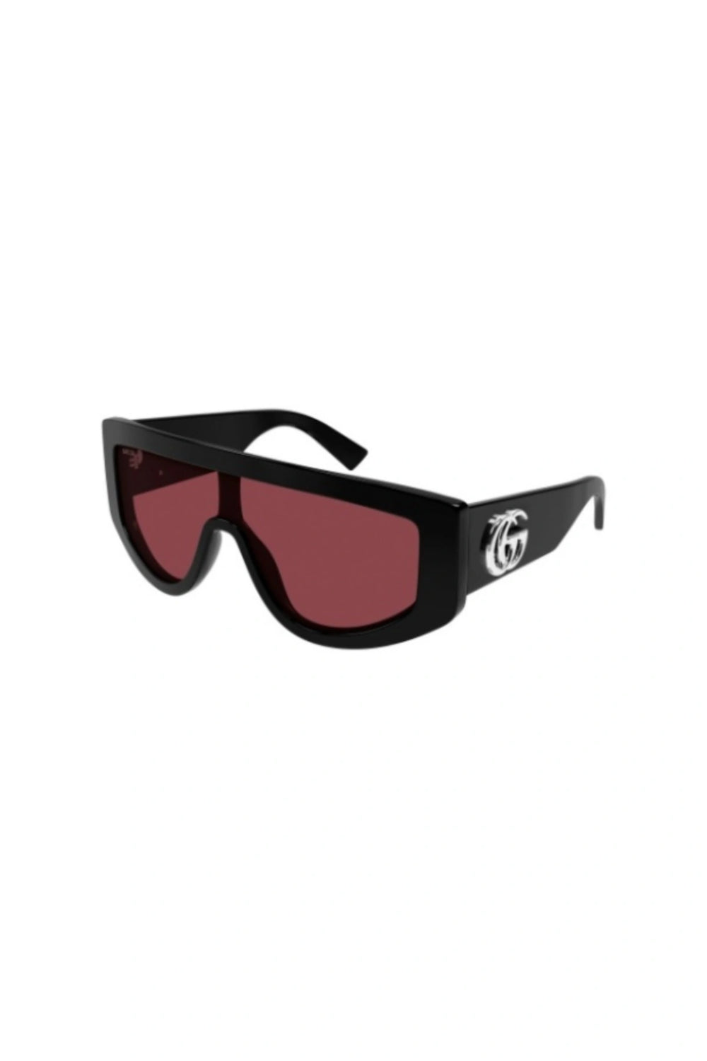 Gucci GG1950S sunglasses in black acetate with bold red mask lenses and silver Double G temple logo.
