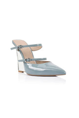 Gwen Wedge in Lucite & Mint Patent by Lana Wilkinson, a pointed-toe mule with adjustable strap and green lucite wedge heel.
