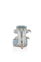 Gwen Wedge in Lucite & Mint Patent by Lana Wilkinson, a pointed-toe mule with adjustable strap and green lucite wedge heel.