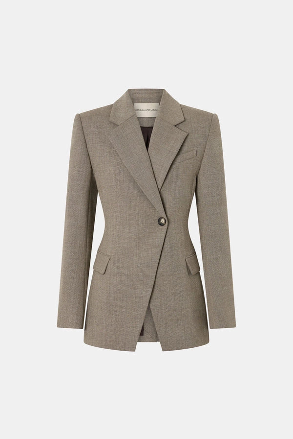 Halden Fitted Contour Blazer Taupe by Camilla and Marc – tailored wool blend blazer with fitted waist and refined silhouette.