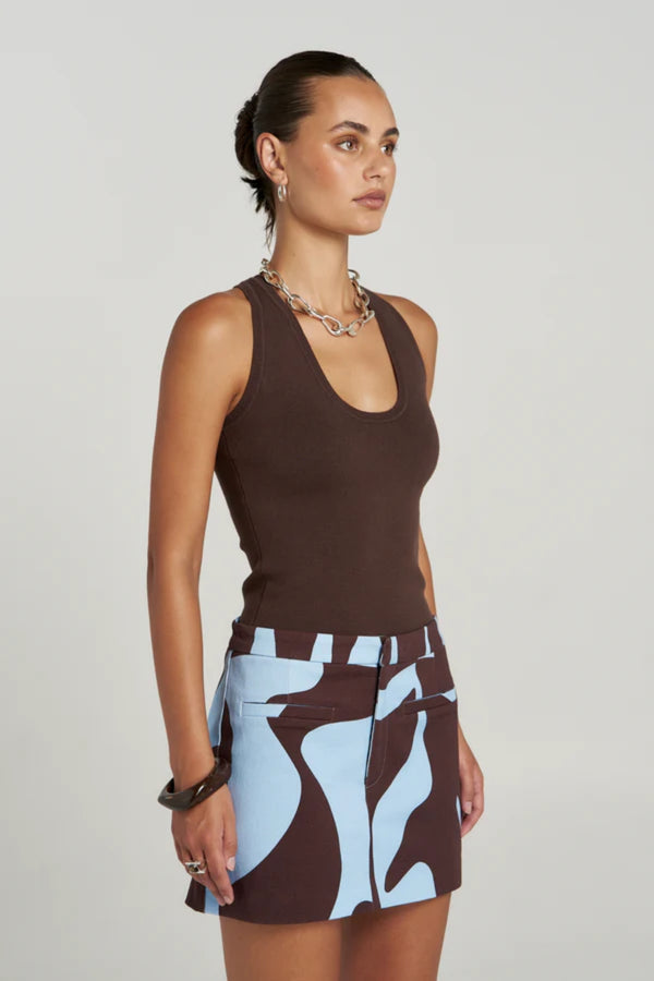 Halle Tank Espresso by Summi Summi – organic cotton knit tank with cross over back detail and fitted silhouette.