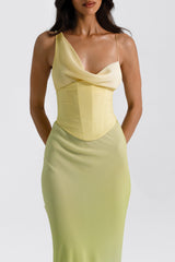 Hallie Gown Citrus by Natalie Rolt, a georgette bias-cut gown with corset bodice and lace-up back. Perfect for formal evening wear.